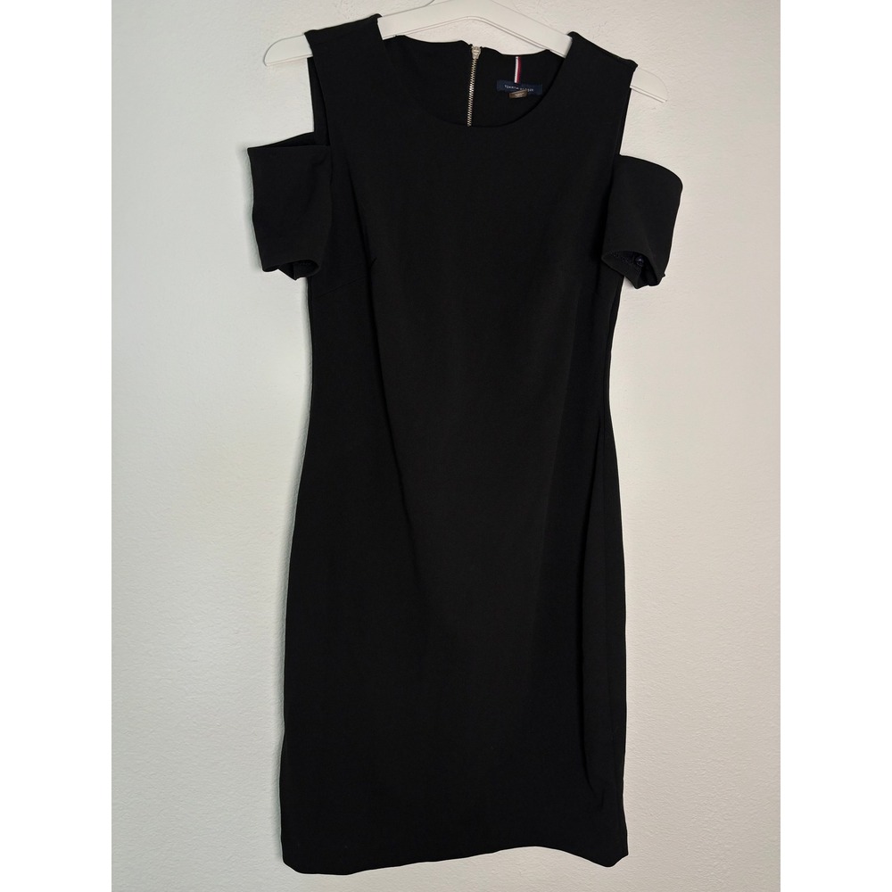 Tommy Hilfiger Black Cold Shoulder Sheath Dress Size 6 Exposed Zipper Cocktail